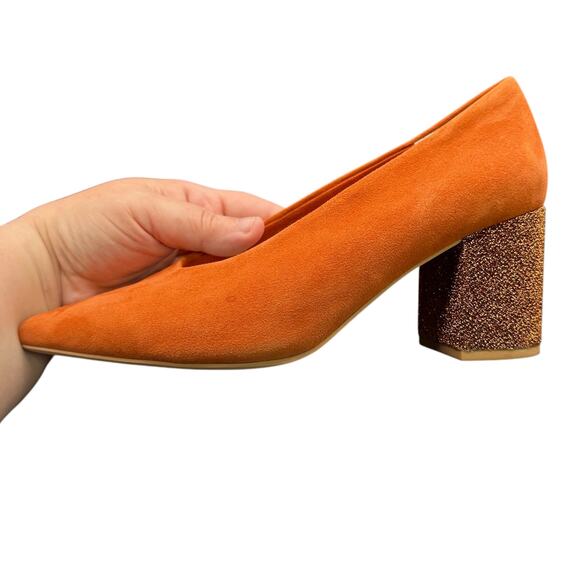Seychelles Burnt Orange Suede Sparkle Block Heel Pumps Size 7 Leather Upper - Picture 6 of 14